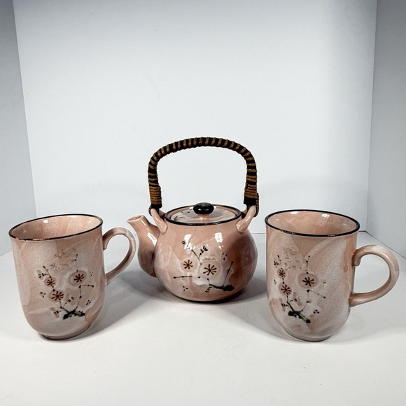 Other - Vintage Japanese Pink Stoneware Tea Set Teapot w/ 2 Mugs Signed Base